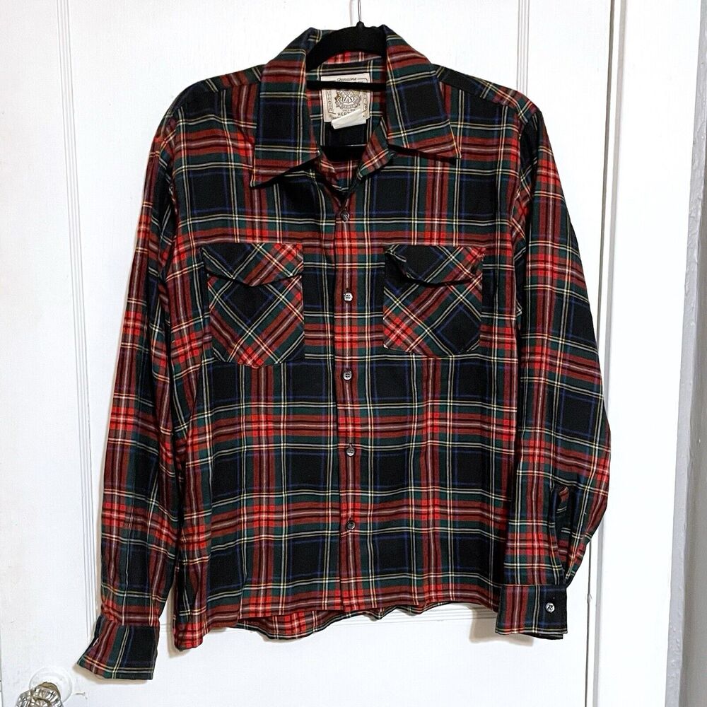 VINTAGE Herters Flannel Shirt Mens Medium Red Plaid Wool Cotton 1960-70s